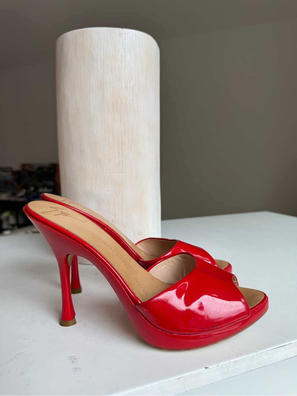 Giuseppe Zanotti Design Red Patent Leather Peep-Toe Mules – Size 38.5